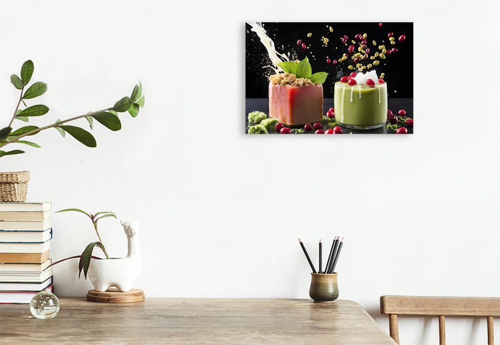 Premium Textil-Leinwand Rot glasiertes Matcha-Petit-Four mit Iced-Matcha-Latte
