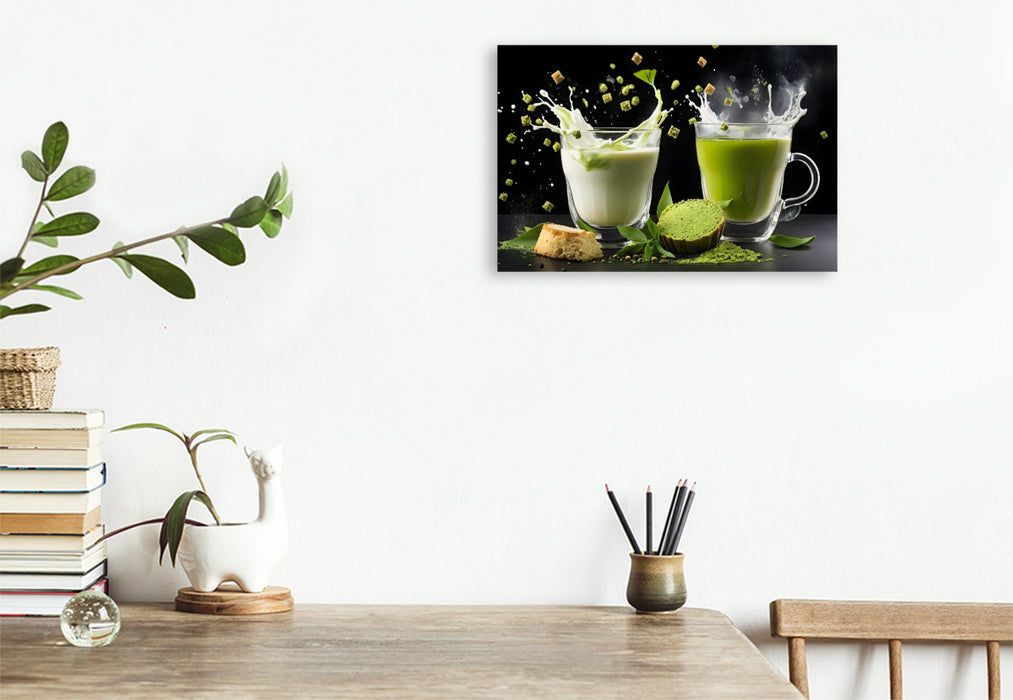 Premium Textil-Leinwand Vegane Matcha-Latte-Drinks mit Hafermilch und Matcha Mochi