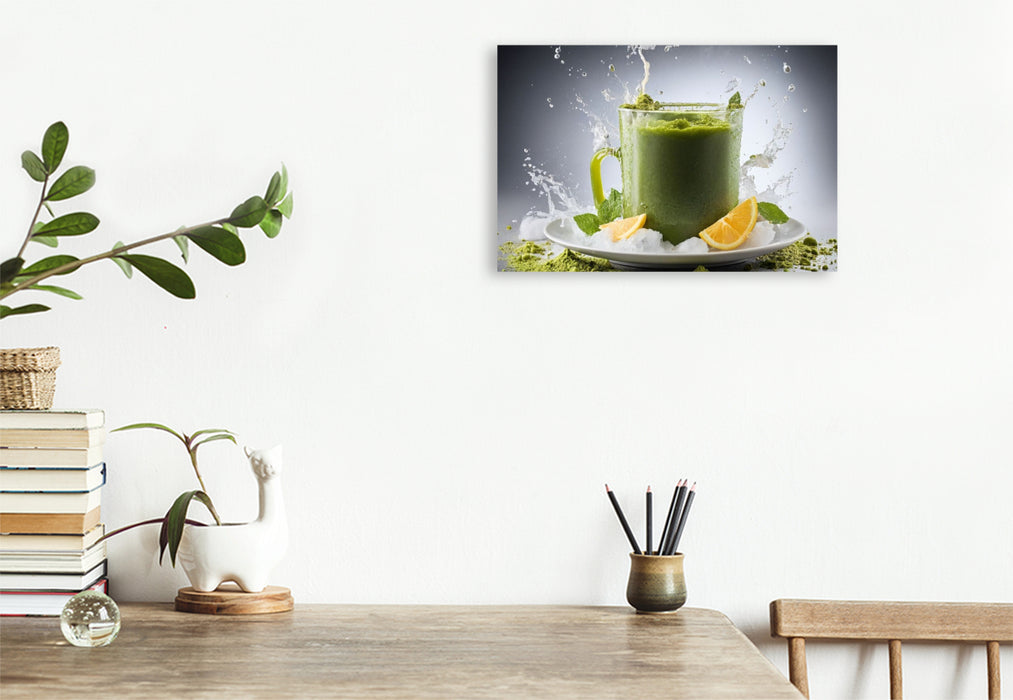 Premium Textil-Leinwand Matcha-Latte serviert auf einem Bett aus zerstoßenem Eis