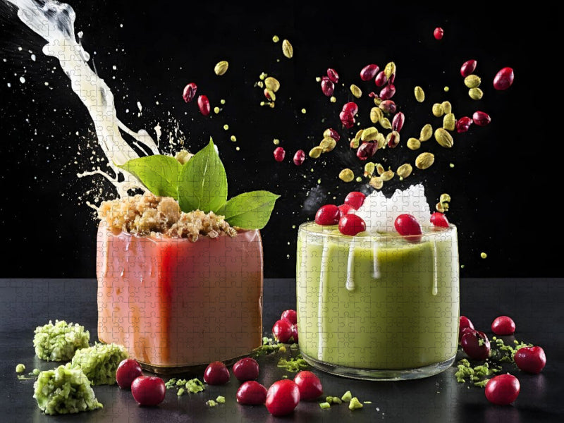 Rot glasiertes Matcha-Petit-Four mit Iced-Matcha-Latte - CALVENDO Foto-Puzzle'