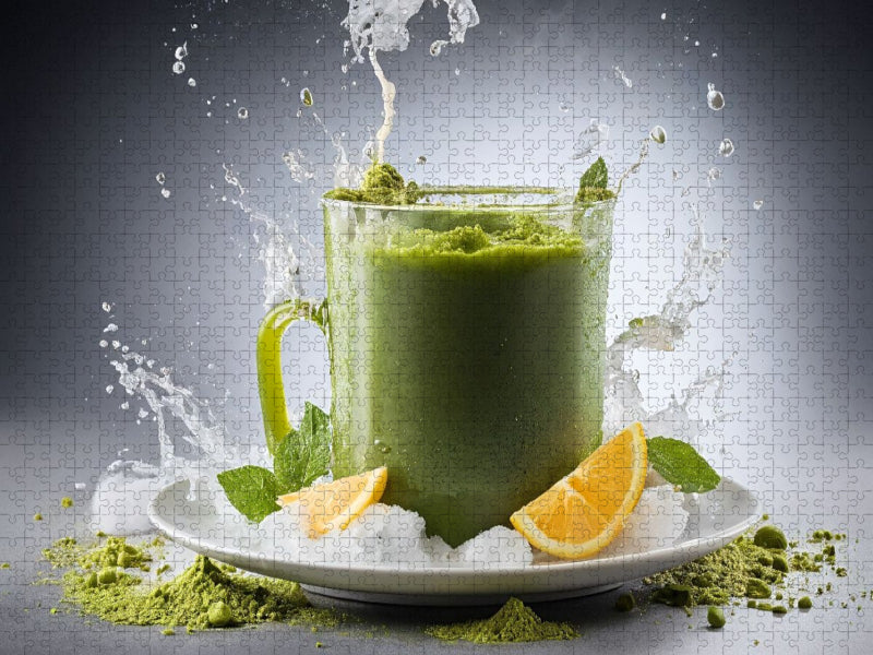 Matcha-Latte serviert auf einem Bett aus zerstoßenem Eis - CALVENDO Foto-Puzzle'