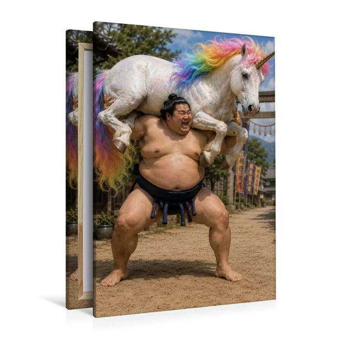 Premium Textil-Leinwand Sumoringer und Regenbogeneinhorn