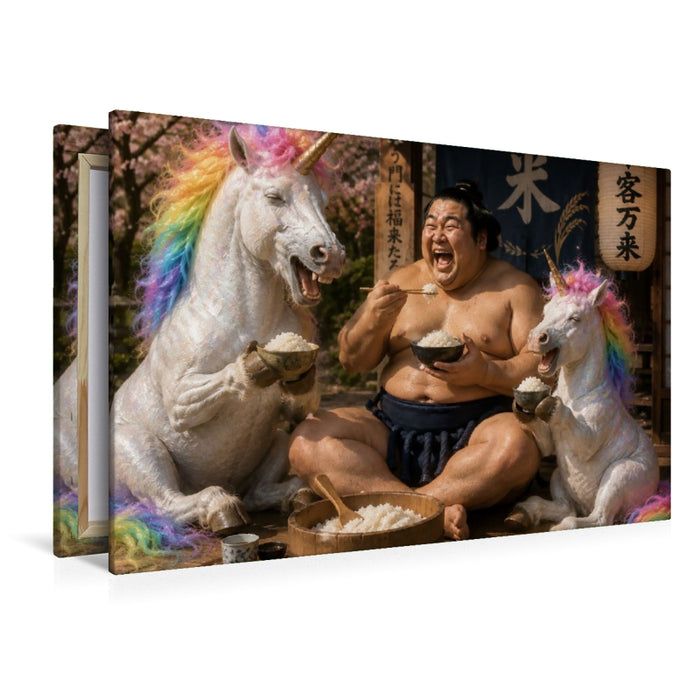 Premium Textil-Leinwand Sumoringer und Regenbogeneinhorn