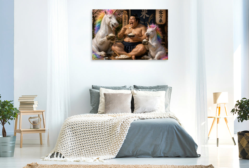 Premium Textil-Leinwand Sumoringer und Regenbogeneinhorn