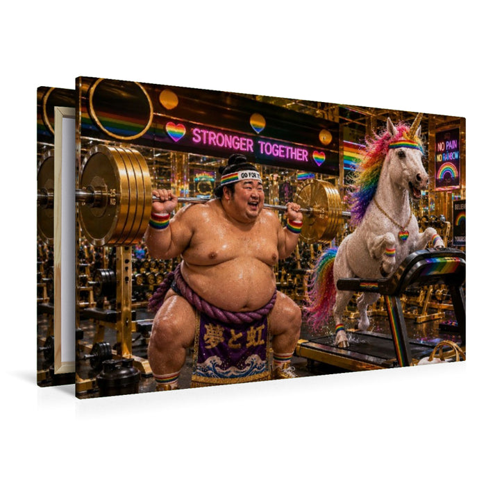 Premium Textil-Leinwand Sumoringer und Einhorn beim Sport
