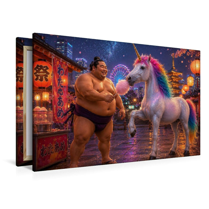 Premium Textil-Leinwand Sumoringer und Einhorn auf dem Jahrmarkt