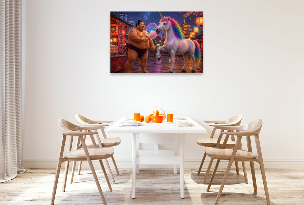 Premium Textil-Leinwand Sumoringer und Einhorn auf dem Jahrmarkt