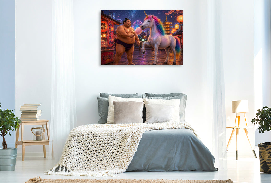 Premium Textil-Leinwand Sumoringer und Einhorn auf dem Jahrmarkt