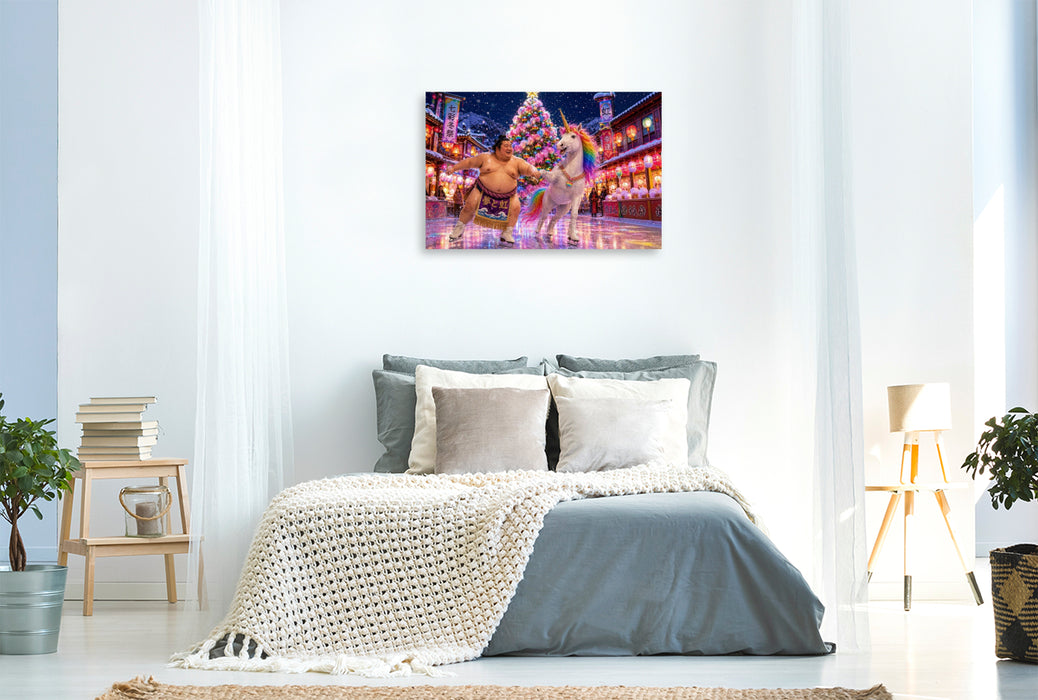 Premium Textil-Leinwand Sumoringer und Einhorn auf dem Eis