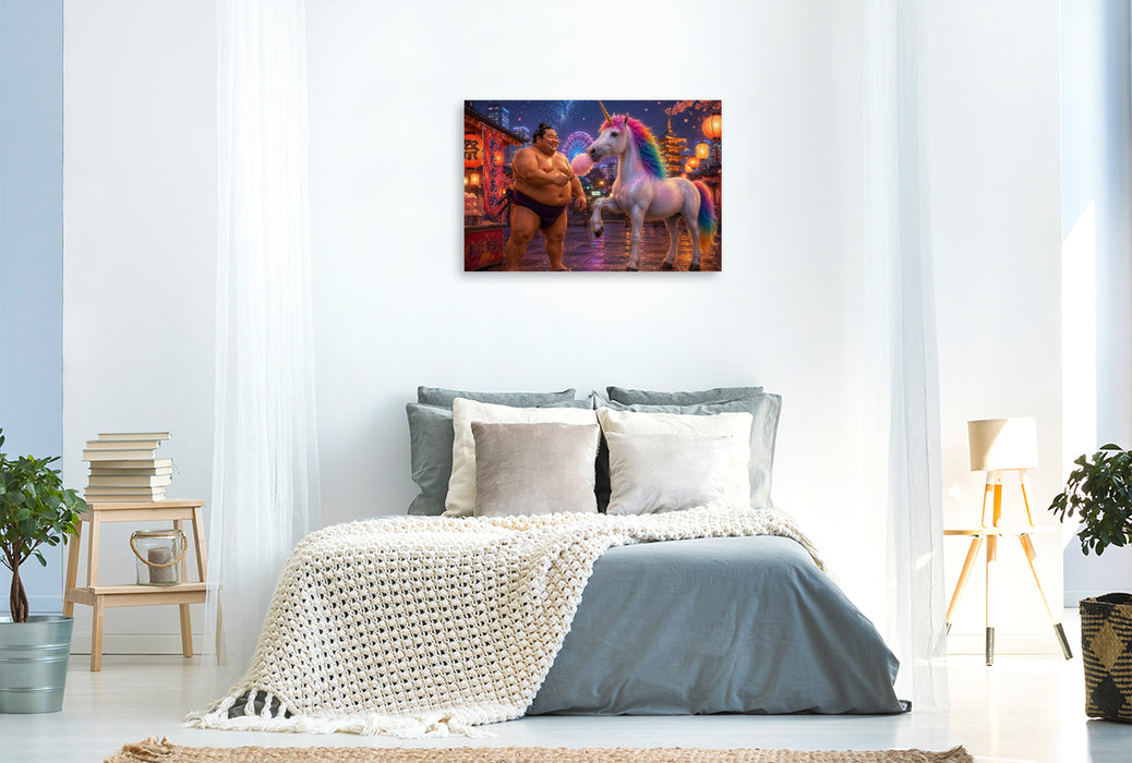 Premium Textil-Leinwand Sumoringer und Einhorn auf dem Jahrmarkt