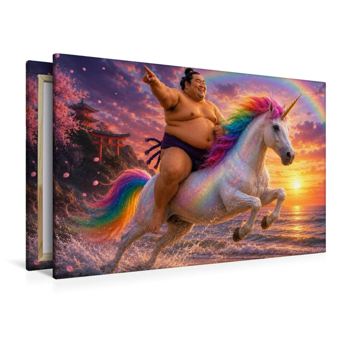 Premium Textil-Leinwand Sumoringer und Einhorn im Sonnenuntergang
