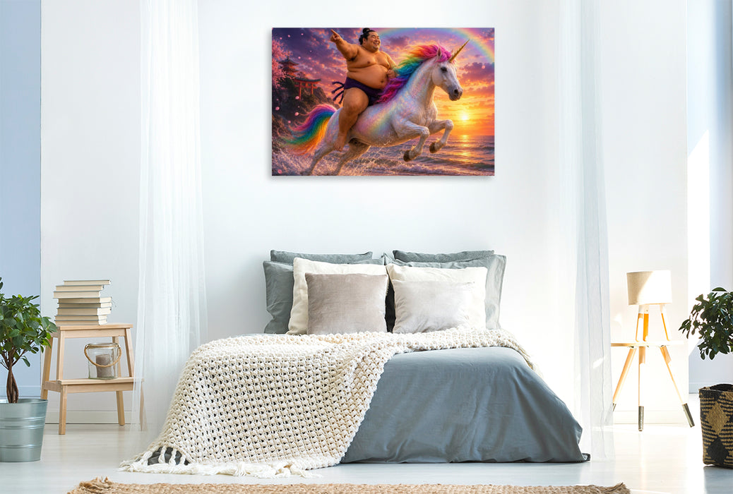 Premium Textil-Leinwand Sumoringer und Einhorn im Sonnenuntergang
