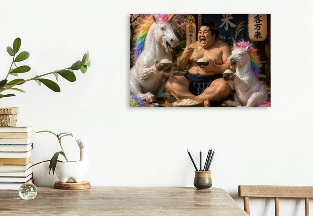 Premium Textil-Leinwand Sumoringer und Regenbogeneinhorn