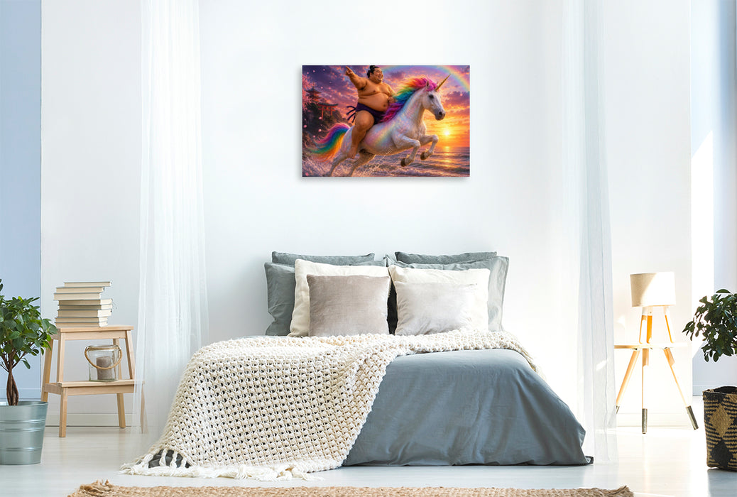Premium Textil-Leinwand Sumoringer und Einhorn im Sonnenuntergang