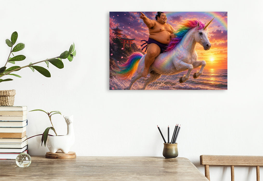 Premium Textil-Leinwand Sumoringer und Einhorn im Sonnenuntergang
