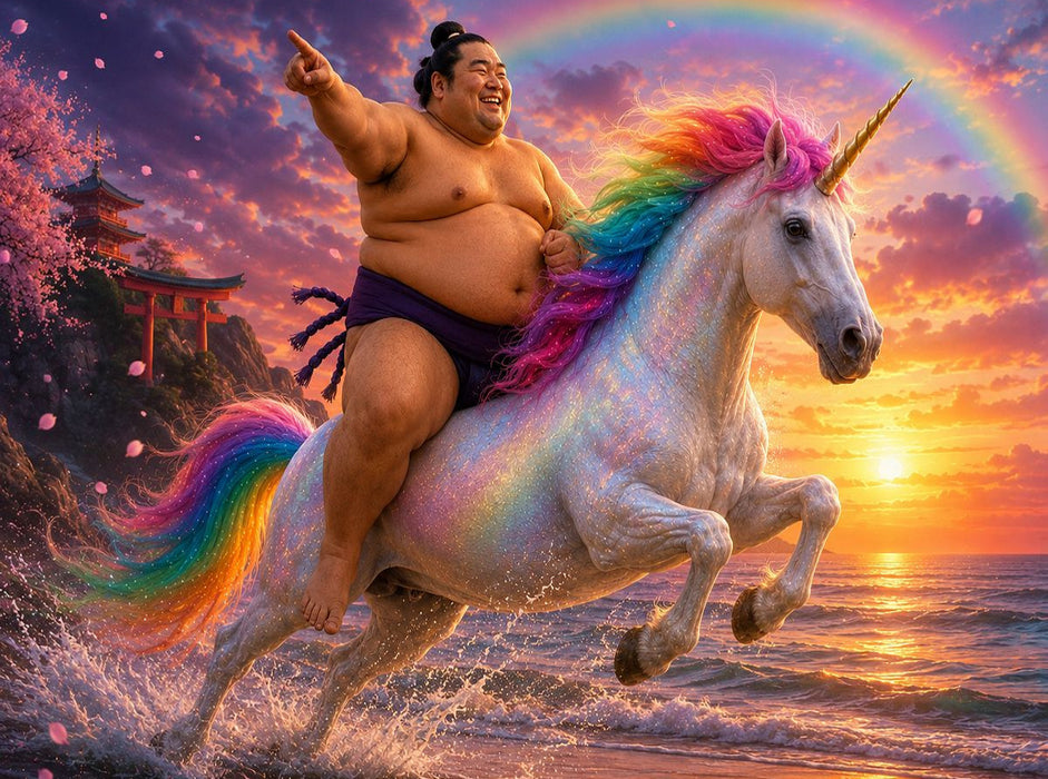 Sumoringer und Einhorn im Sonnenuntergang - CALVENDO Foto-Puzzle'