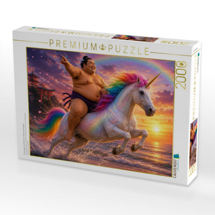 Sumoringer und Einhorn im Sonnenuntergang - CALVENDO Foto-Puzzle'
