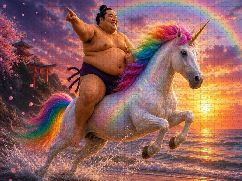 Sumoringer und Einhorn im Sonnenuntergang - CALVENDO Foto-Puzzle'