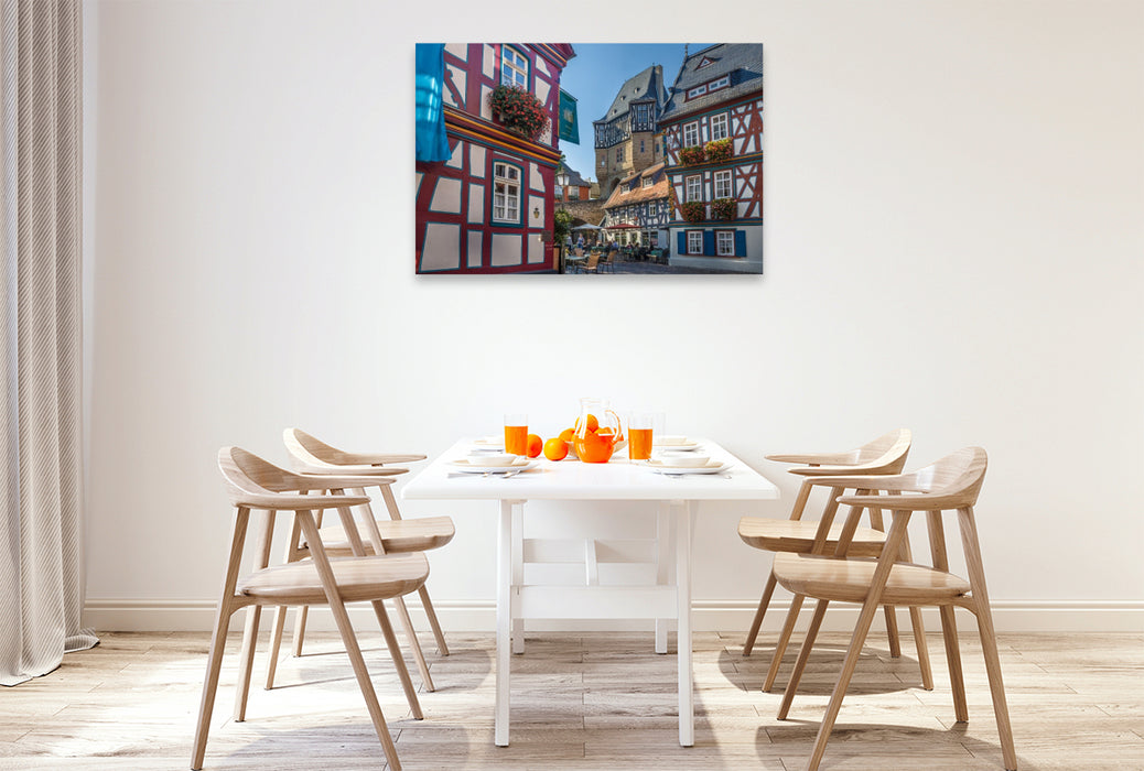 Premium Textil-Leinwand Marktplatz von Idstein mit Burg, Hessen