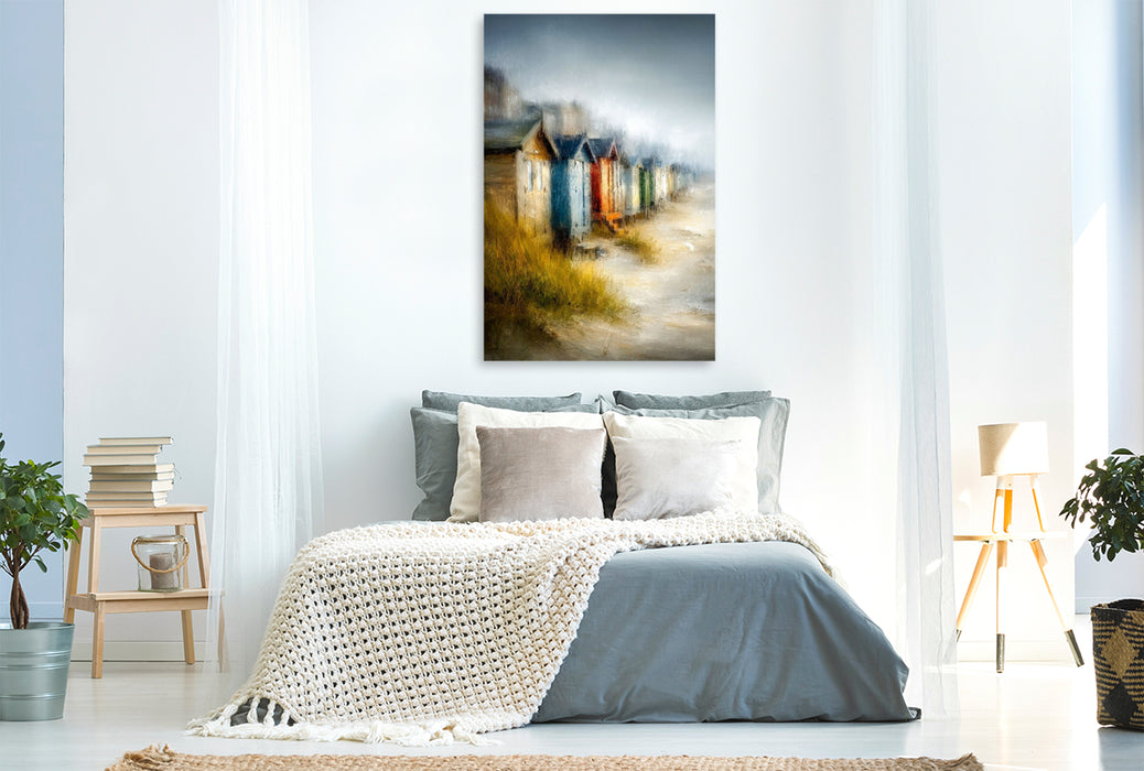 Premium Textil-Leinwand Strandhäuser im Nebel
