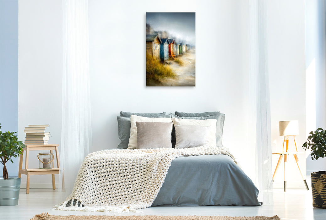 Premium Textil-Leinwand Strandhäuser im Nebel