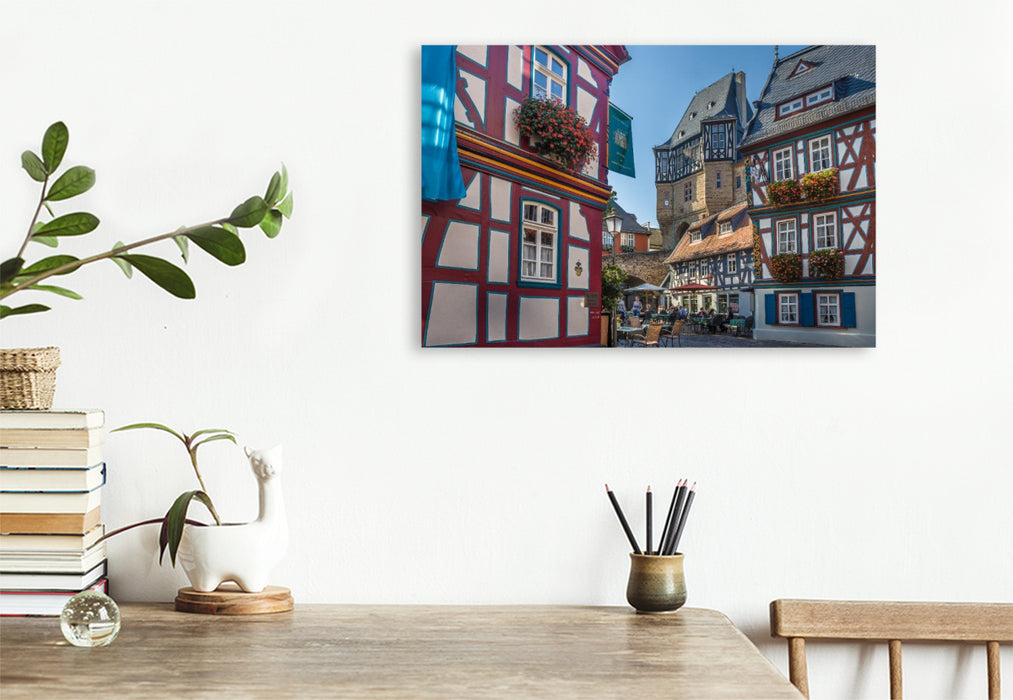 Premium Textil-Leinwand Marktplatz von Idstein mit Burg, Hessen