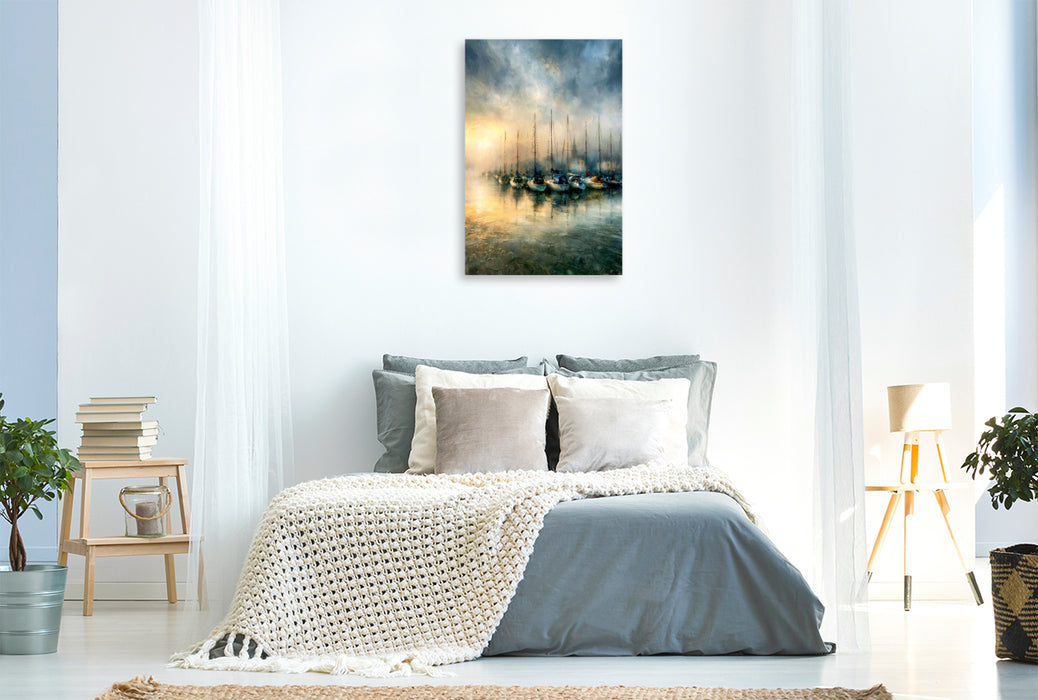 Premium Textil-Leinwand Boote wiegen sich im sicheren Hafen