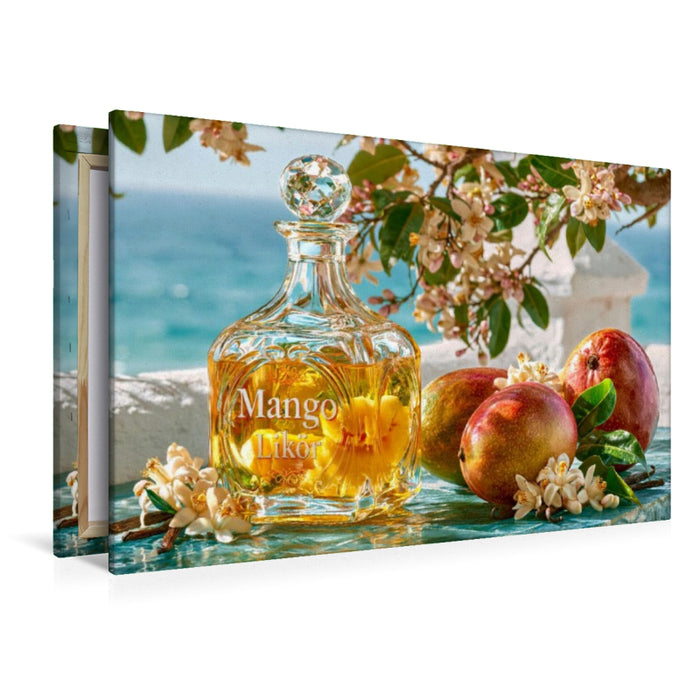 Premium Textil-Leinwand Goldene Mango, weiche Süße - ein Tropenurlaub in der Flasche