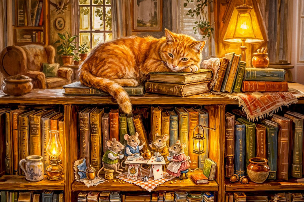 Premium Textil-Leinwand Schlafende Katze und Mäuse beim Abendkränzchen als Puzzle und Leinwand