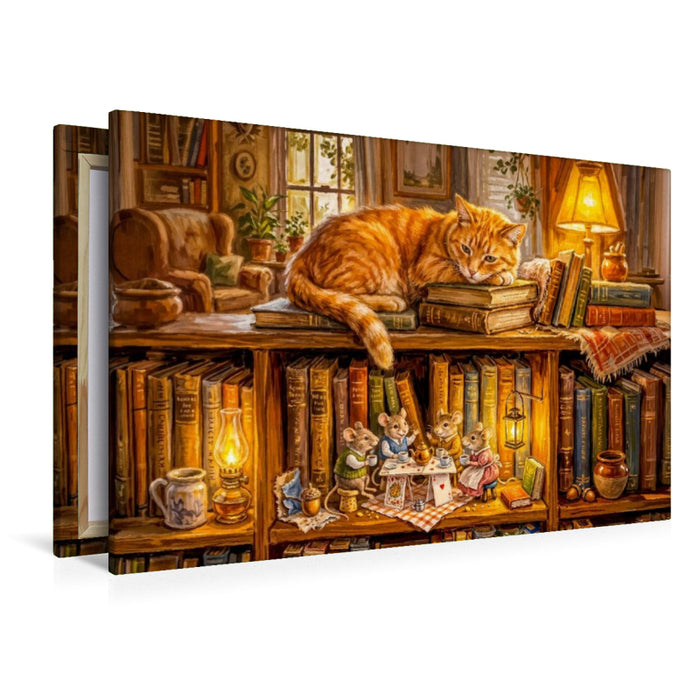 Premium Textil-Leinwand Schlafende Katze und Mäuse beim Abendkränzchen als Puzzle und Leinwand