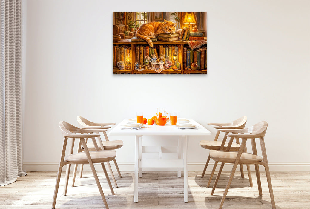 Premium Textil-Leinwand Schlafende Katze und Mäuse beim Abendkränzchen als Puzzle und Leinwand