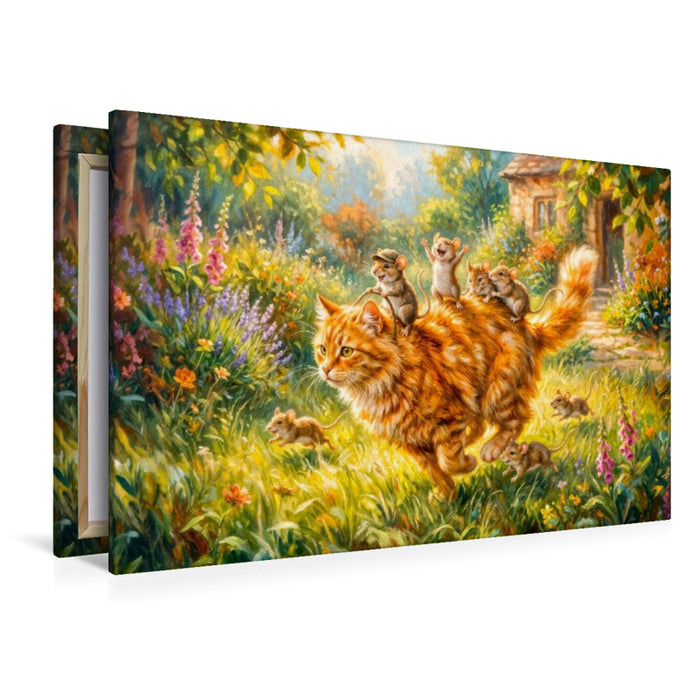 Premium Textil-Leinwand Mäuse reiten fröhlich auf der Katze durch den bunten Gartenspaß