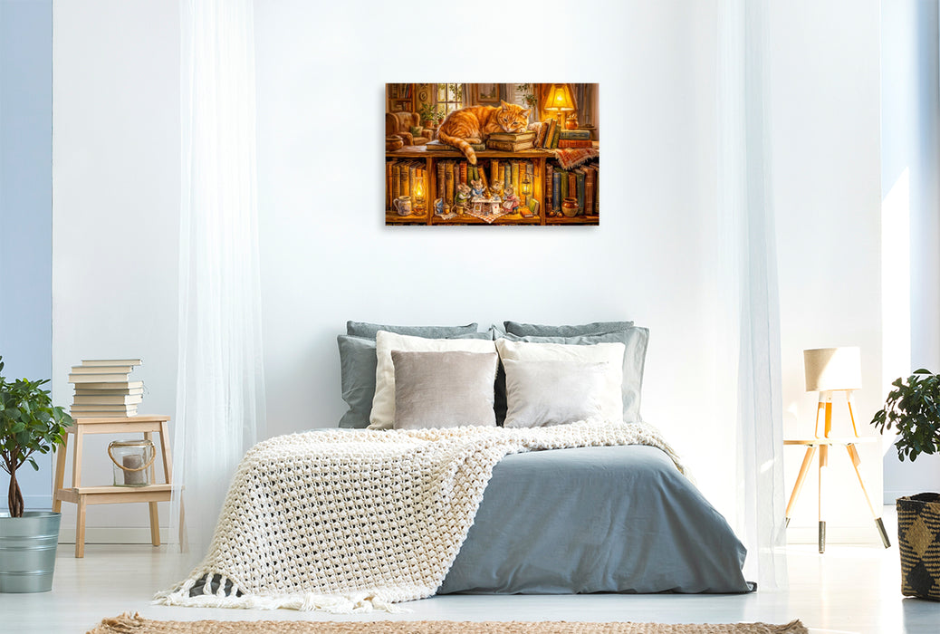 Premium Textil-Leinwand Schlafende Katze und Mäuse beim Abendkränzchen als Puzzle und Leinwand