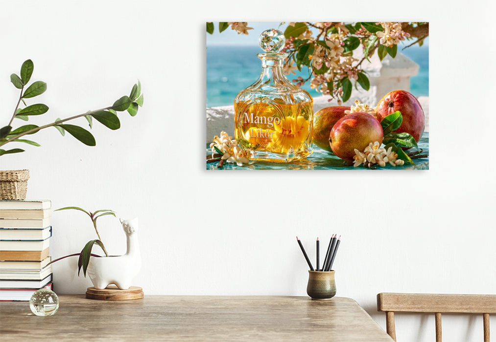 Premium Textil-Leinwand Goldene Mango, weiche Süße - ein Tropenurlaub in der Flasche
