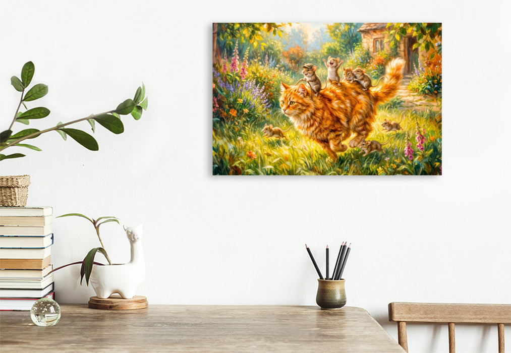 Premium Textil-Leinwand Mäuse reiten fröhlich auf der Katze durch den bunten Gartenspaß