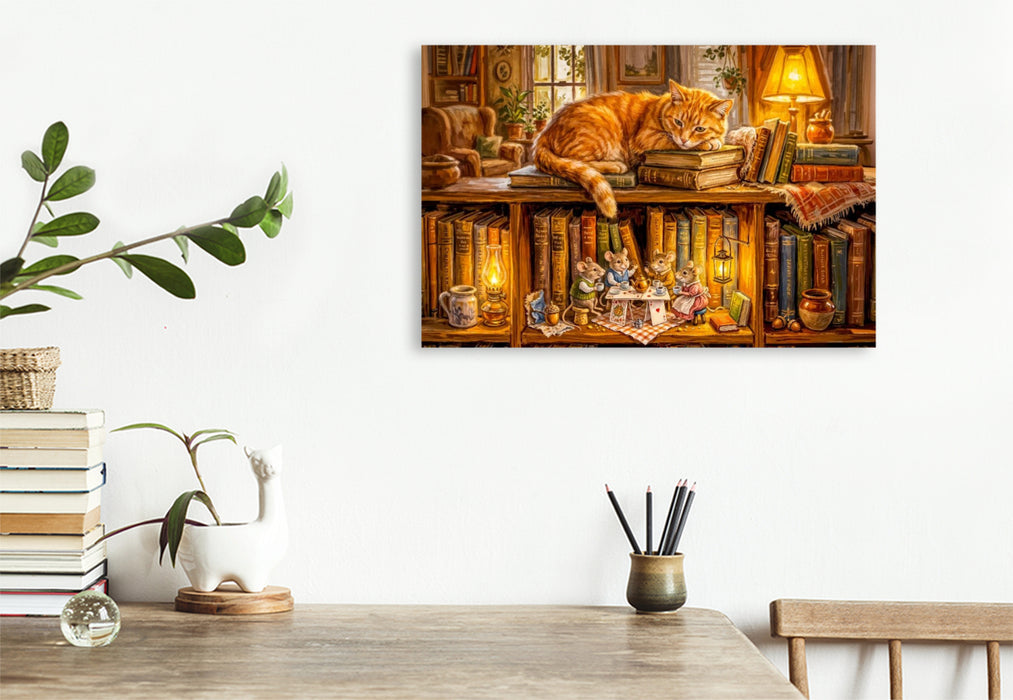 Premium Textil-Leinwand Schlafende Katze und Mäuse beim Abendkränzchen als Puzzle und Leinwand