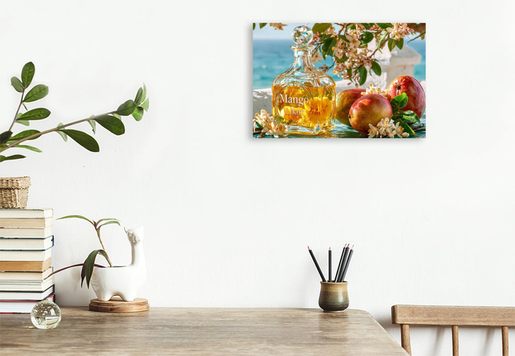 Premium Textil-Leinwand Goldene Mango, weiche Süße - ein Tropenurlaub in der Flasche