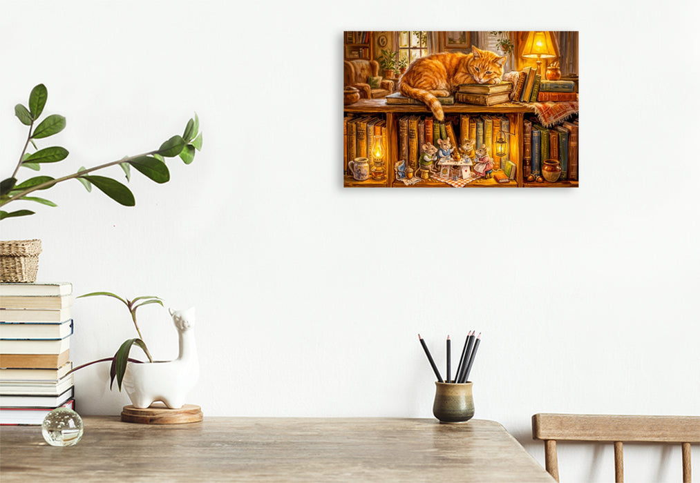 Premium Textil-Leinwand Schlafende Katze und Mäuse beim Abendkränzchen als Puzzle und Leinwand