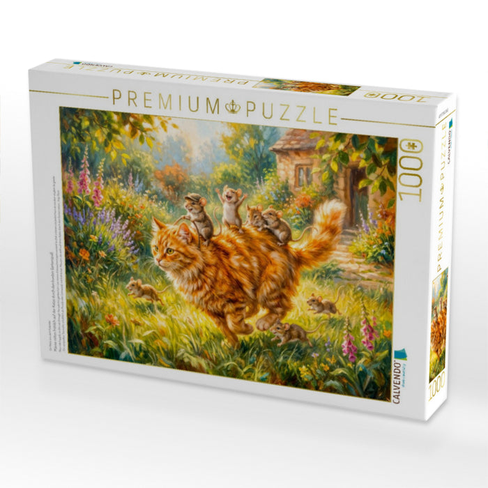 Mäuse reiten fröhlich auf der Katze durch den bunten Gartenspaß - CALVENDO Foto-Puzzle'