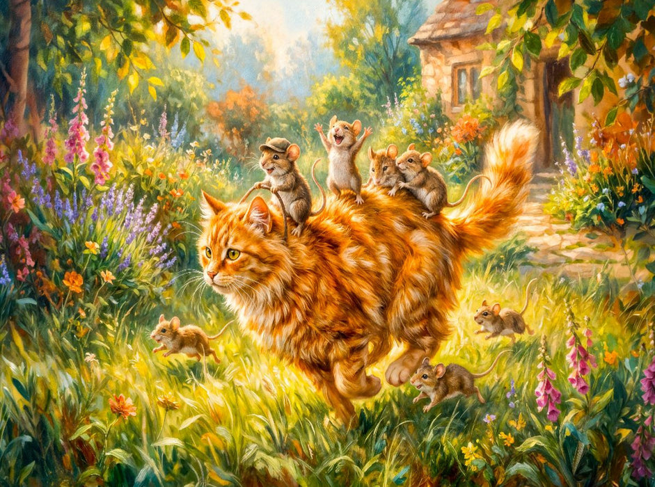 Mäuse reiten fröhlich auf der Katze durch den bunten Gartenspaß - CALVENDO Foto-Puzzle'