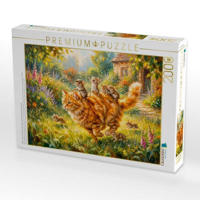 Mäuse reiten fröhlich auf der Katze durch den bunten Gartenspaß - CALVENDO Foto-Puzzle'