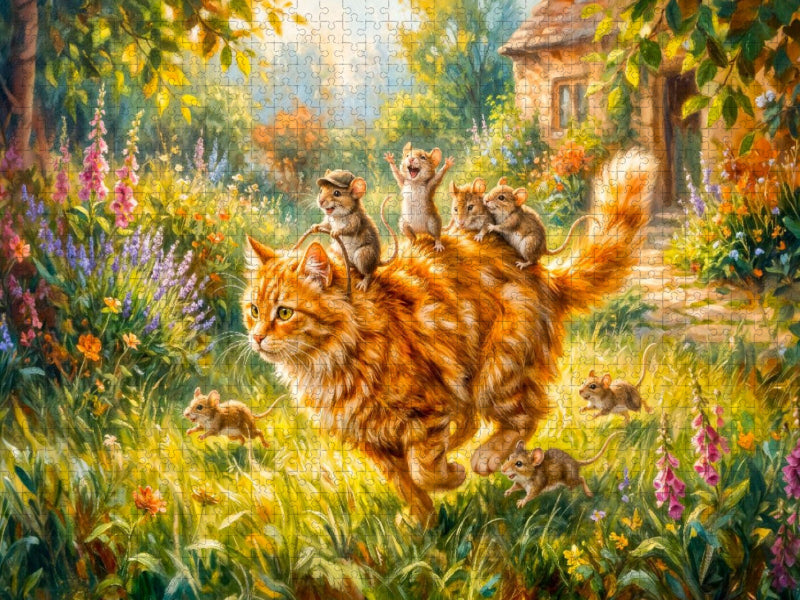 Mäuse reiten fröhlich auf der Katze durch den bunten Gartenspaß - CALVENDO Foto-Puzzle'