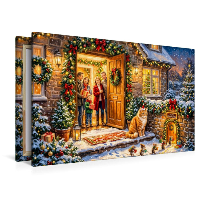 Premium Textil-Leinwand Weihnachtsszene mit Katze, Mäusen und Cottagehaus voller festlicher Freude
