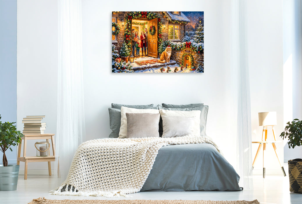 Premium Textil-Leinwand Weihnachtsszene mit Katze, Mäusen und Cottagehaus voller festlicher Freude