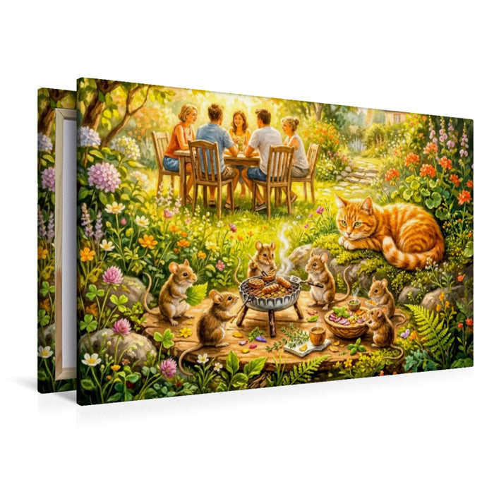 Premium Textil-Leinwand Mäuse feiern verstecktes Grillfest mit Katze und sommerlicher Gartenidylle