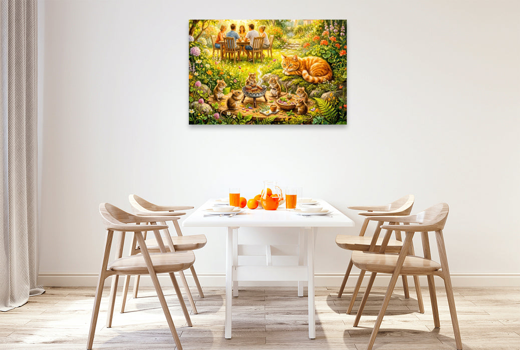Premium Textil-Leinwand Mäuse feiern verstecktes Grillfest mit Katze und sommerlicher Gartenidylle