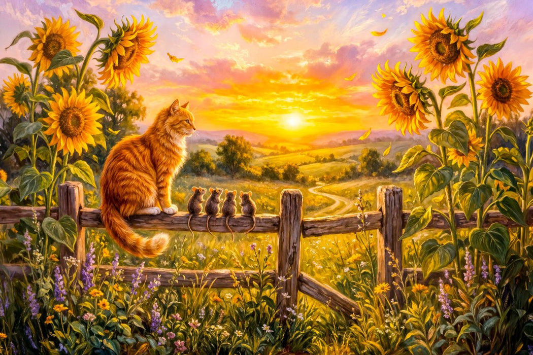 Premium Textil-Leinwand Katze und Mäuse schauen vom Zaunpfahl in sommerlichen Sonnenuntergang