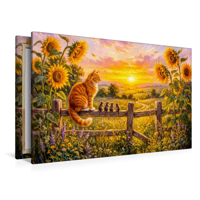 Premium Textil-Leinwand Katze und Mäuse schauen vom Zaunpfahl in sommerlichen Sonnenuntergang