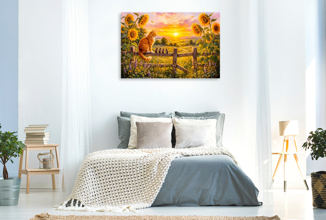 Premium Textil-Leinwand Katze und Mäuse schauen vom Zaunpfahl in sommerlichen Sonnenuntergang
