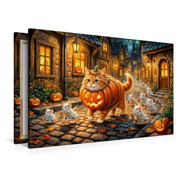 Premium Textil-Leinwand Katze und Mäuse ziehen gemeinsam im Halloweenkostüm durch die Stadt